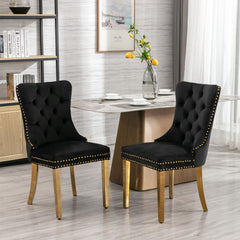 HAOYYE High-end Tufted Solid Wood Contemporary Velvet Upholstered Dining Chair with Golden Stainless Steel Plating Legs,Nailhead Trim,Set of 2，Black and Gold, SW1601BK