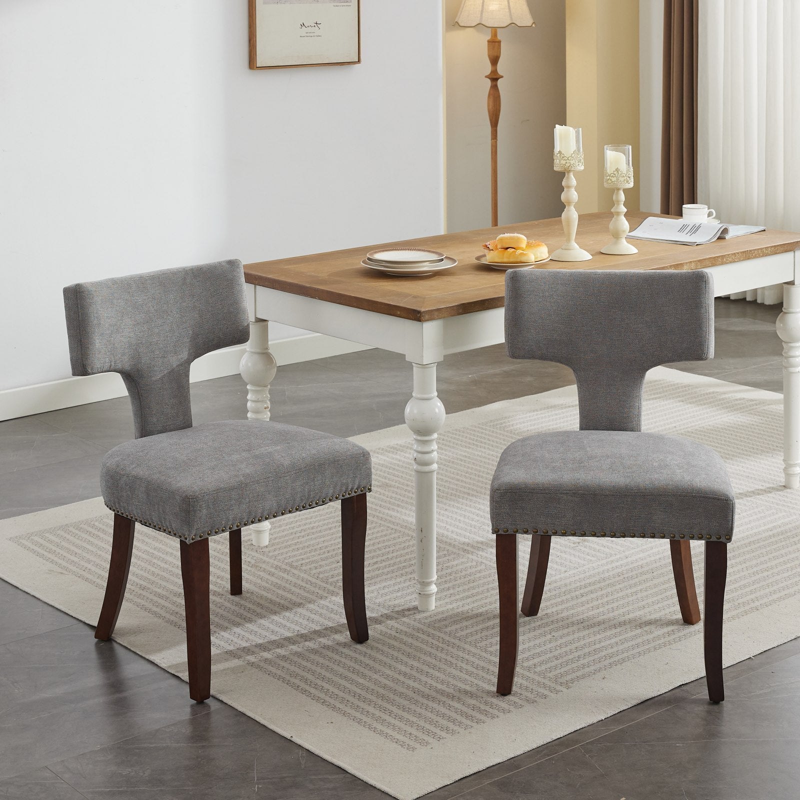 HAOYYE Mid Century Modern Dining Chairs Set of 2, Farmhouse Linen Fabric Upholstered Accent Chair Curved Backrest with Copper Nails around,Kitchen Chairs with Hardwood Frame, Gray Sturdy Space-Saving Durable
