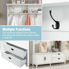 HAOYYE Modern White Hall Tree with Storage Cabinet, 2 Large Drawers, and 5 Coat Hooks, Sturdy Space-Saving Mudroom Bench, Heavy Duty Design for Adults