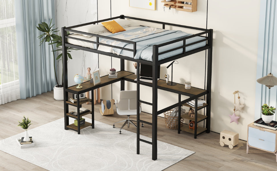 HAOYYE Full Metal Loft Bed with Desk and Shelves, Loft Bed with Ladder and Guardrails, Loft Bed Frame for Bedroom, Black with Vintage wood-colored desk Sturdy Space-Saving Heavy Duty Modern Design