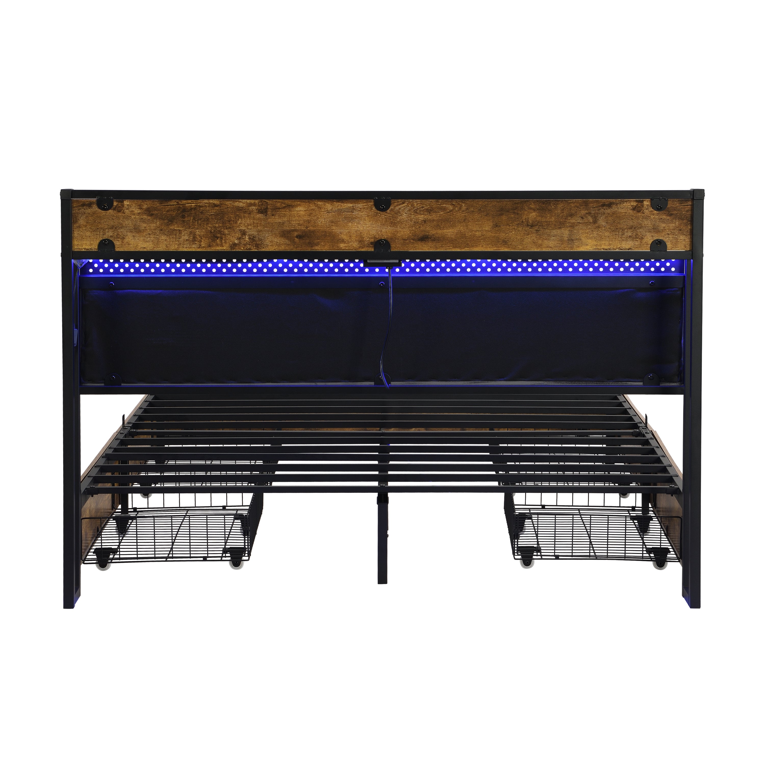 HAOYYE Full Size Bed Frame with Storage Headboard, Charging Station, LED Lights, and Four Drawers, Brown and Gray, Sturdy Space-Saving Design, Heavy Duty Construction, Modern Stylish Home Furniture