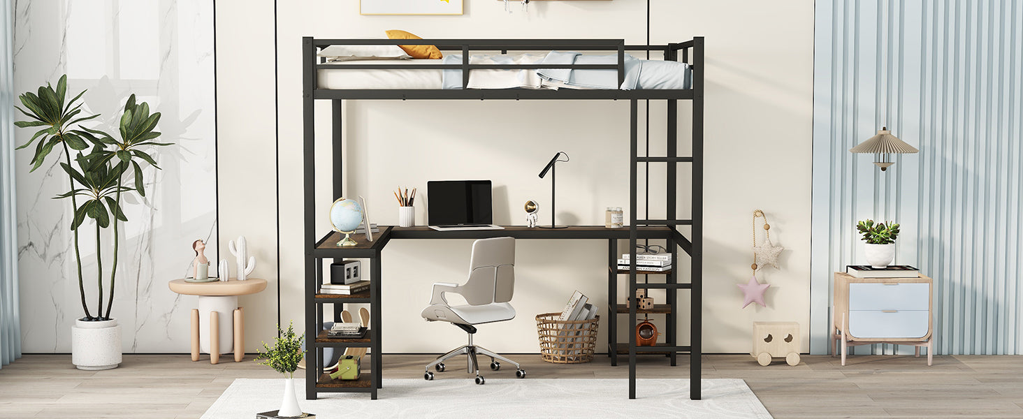 HAOYYE Full Metal Loft Bed with Desk and Shelves, Loft Bed with Ladder and Guardrails, Loft Bed Frame for Bedroom, Black with Vintage wood-colored desk Sturdy Space-Saving Heavy Duty Modern Design