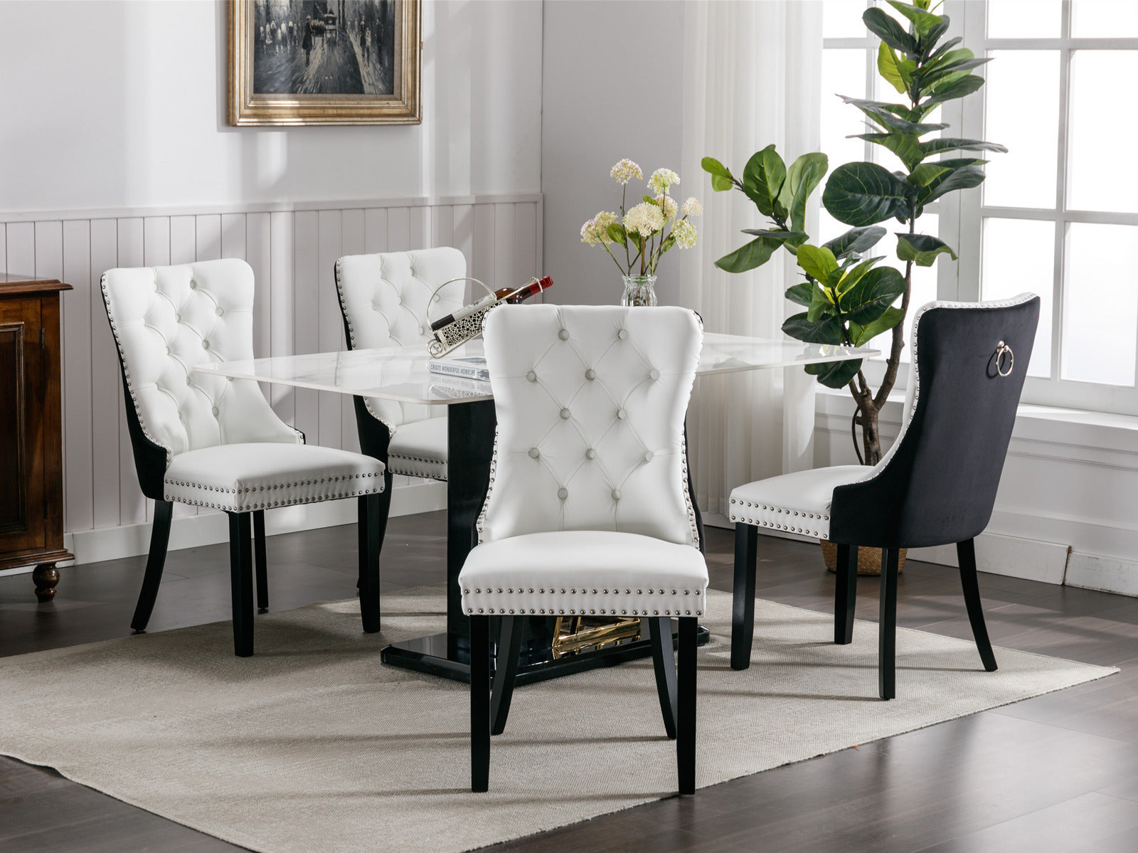 HAOYYE Nikki Collection Modern,High-end Tufted Solid Wood Contemporary PU and Velvet Upholstered Dining Chair with Wood Legs Nailhead Trim 2 Pcs Set,White+Black, SW2101WB Sturdy Space-Saving
