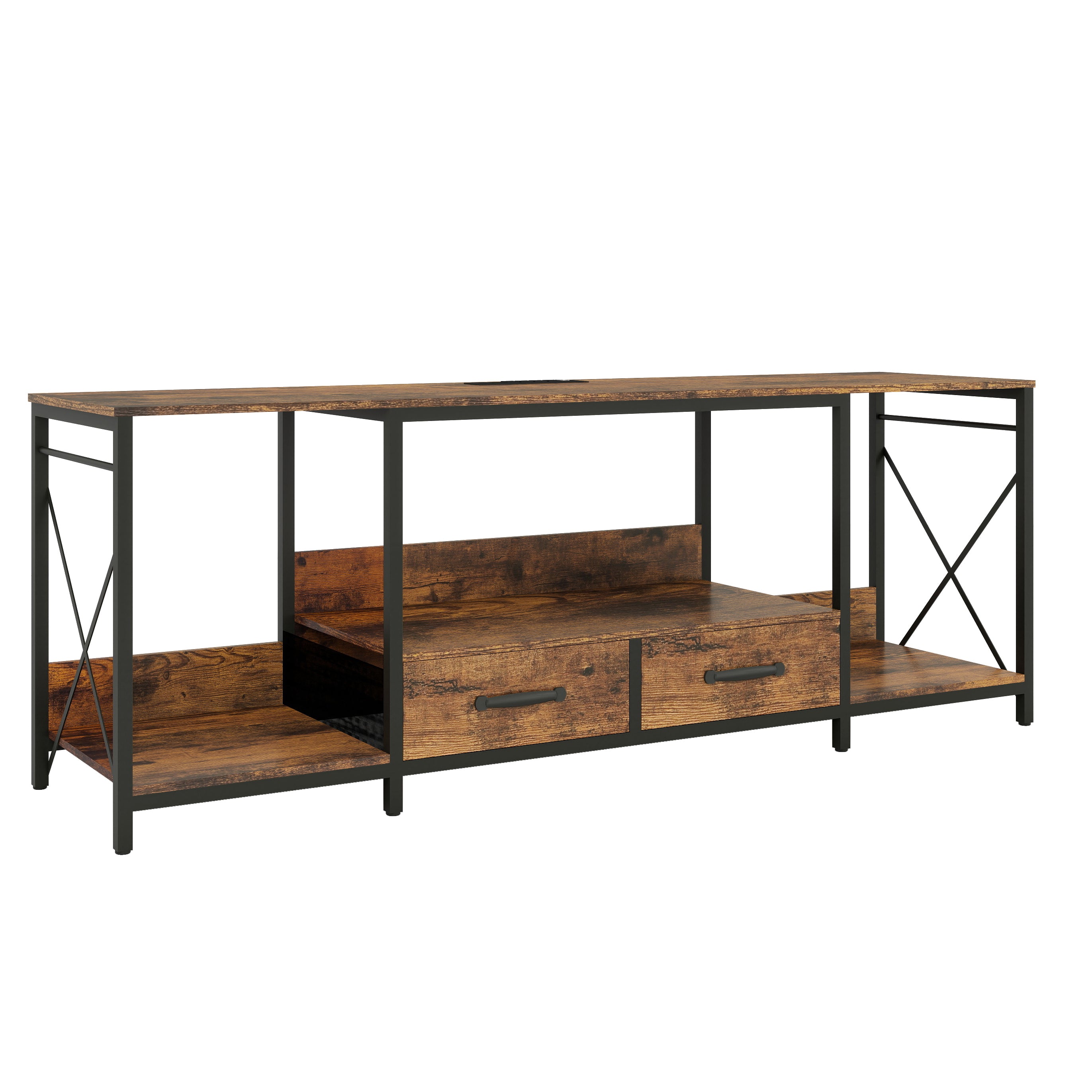HAOYYE TV Stand with LED Lights and Power Outlets, TV Console with Fabric Drawers for 65-75 Inch TVs, Industrial Entertainment Center with Open Storage Shelves, Modern TV Stand for Living Room, Bedroom