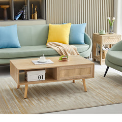 HAOYYE 41.34" Rattan Coffee table, sliding door for storage, solid wood legs, Modern table for living room , natural Sturdy Space-Saving Heavy Duty Modern Design Easy Assembly Durable Stylish Home Furniture