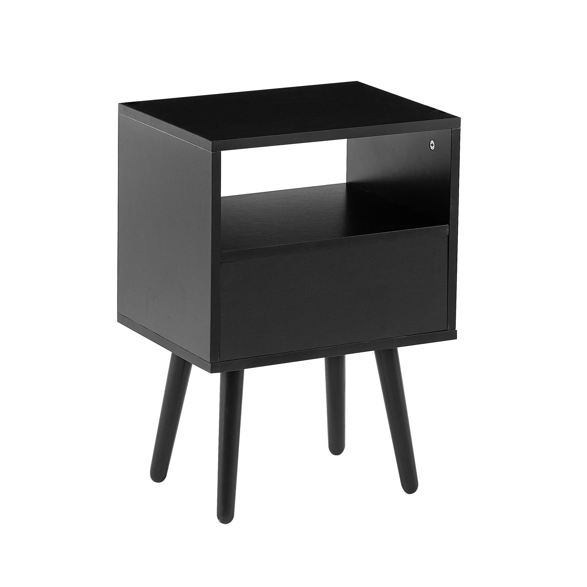 HAOYYE Rattan End Table with Drawer and Solid Wood Legs, Modern Nightstand, Side Table for Living Room, Bedroom, Black, Sturdy and Space-Saving Design, Heavy Duty Construction, Easy Assembly for Adults and Dorm Rooms