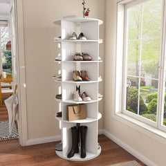 HAOYYE 6-Tier Rotating Shoe Rack Tower 360° Spinning Shoe Organizer With High Bottom Design Free Standing Lazy Susan Storage For Shoes Boots Hats Fits 24 Pairs White Modern Home Decor