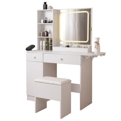 HAOYYE Vanity Desk With Lighted Mirror And Power Outlet, Makeup Vanity With Drawers And Large Storage Cabinet, 3 Lighting Modes With Adjustable Brightness, Storage Stool, White Sturdy Space-Saving Design