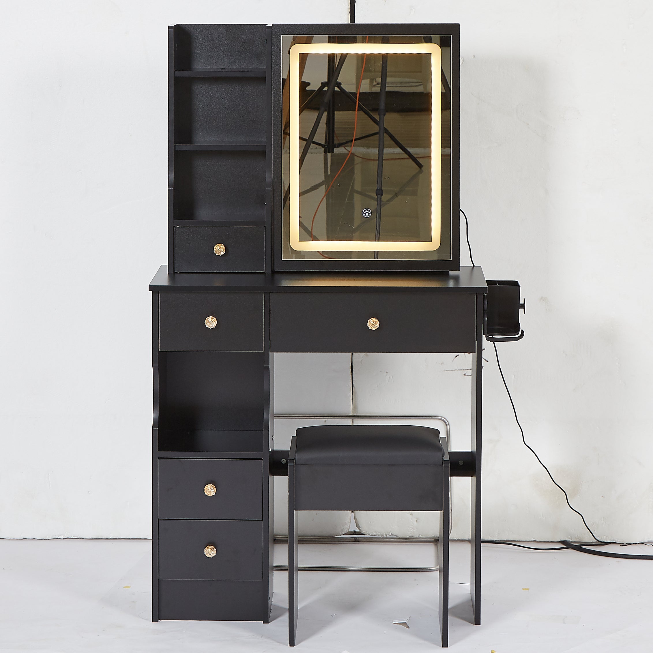 HAOYYE Compact Vanity Table With Left Drawer, Cushioned Stool, Touch-Control LED Mirror, Tri-Color Lighting, 2 AC & 2 USB Power Outlets, Hair Dryer Bracket, Certified by EPA, GCC, and UL