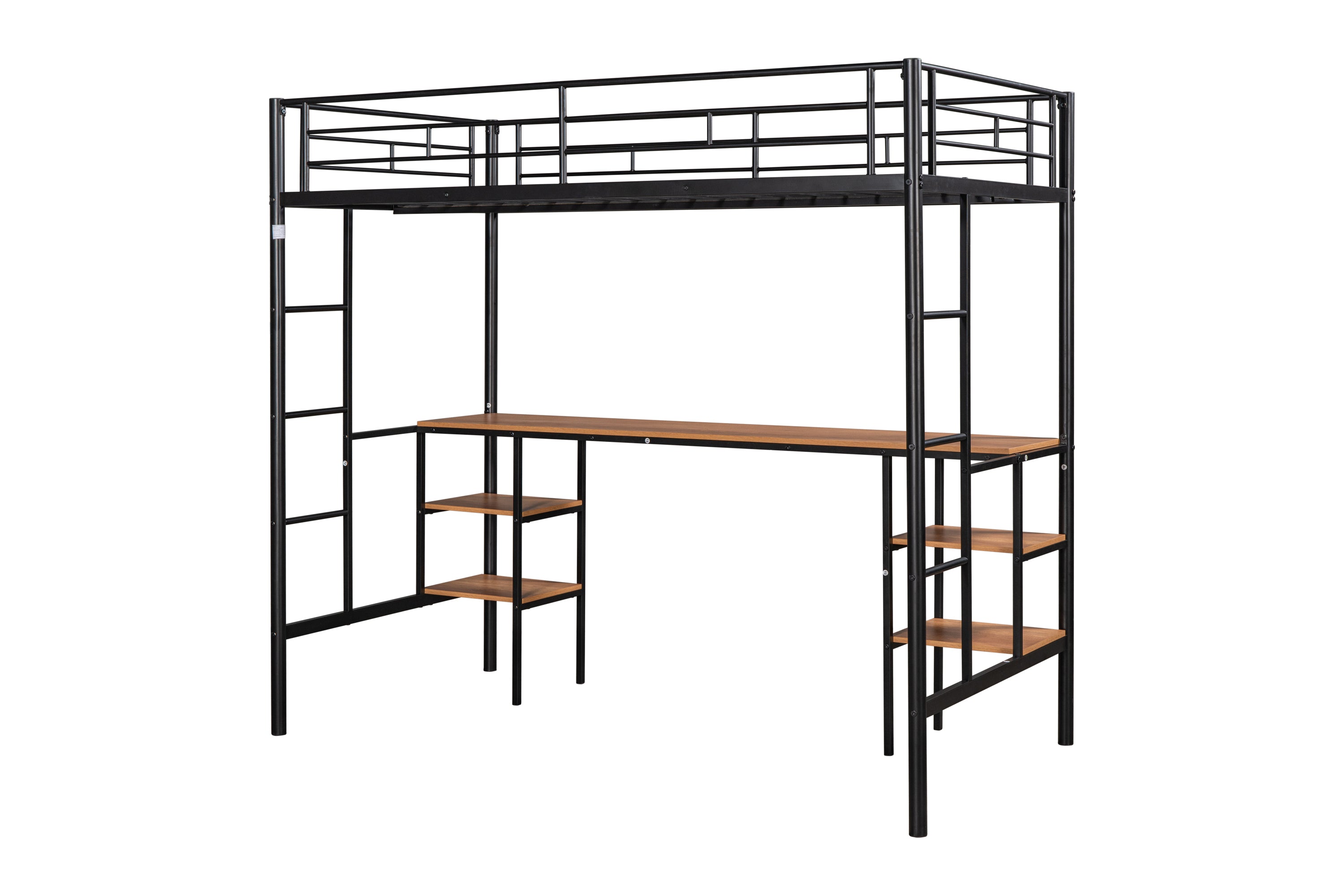 HAOYYE Twin-Size Loft Bed With Table And Shelves, Heavy-Duty Metal Construction, Noise-Reduced Design, Safety Guardrail, Two Side Ladders, CPC Certified, No Box Spring Required, Space-Saving Loft Bed For Modern Living Spaces