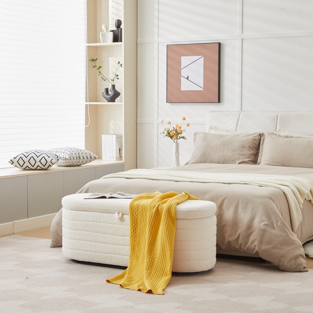 HAOYYE S03 Basics Upholstered Storage Ottoman and Entryway Bench WHITE Sturdy Space-Saving Heavy Duty Modern Design Adults Dorm Room Easy Assembly Bedroom Furniture