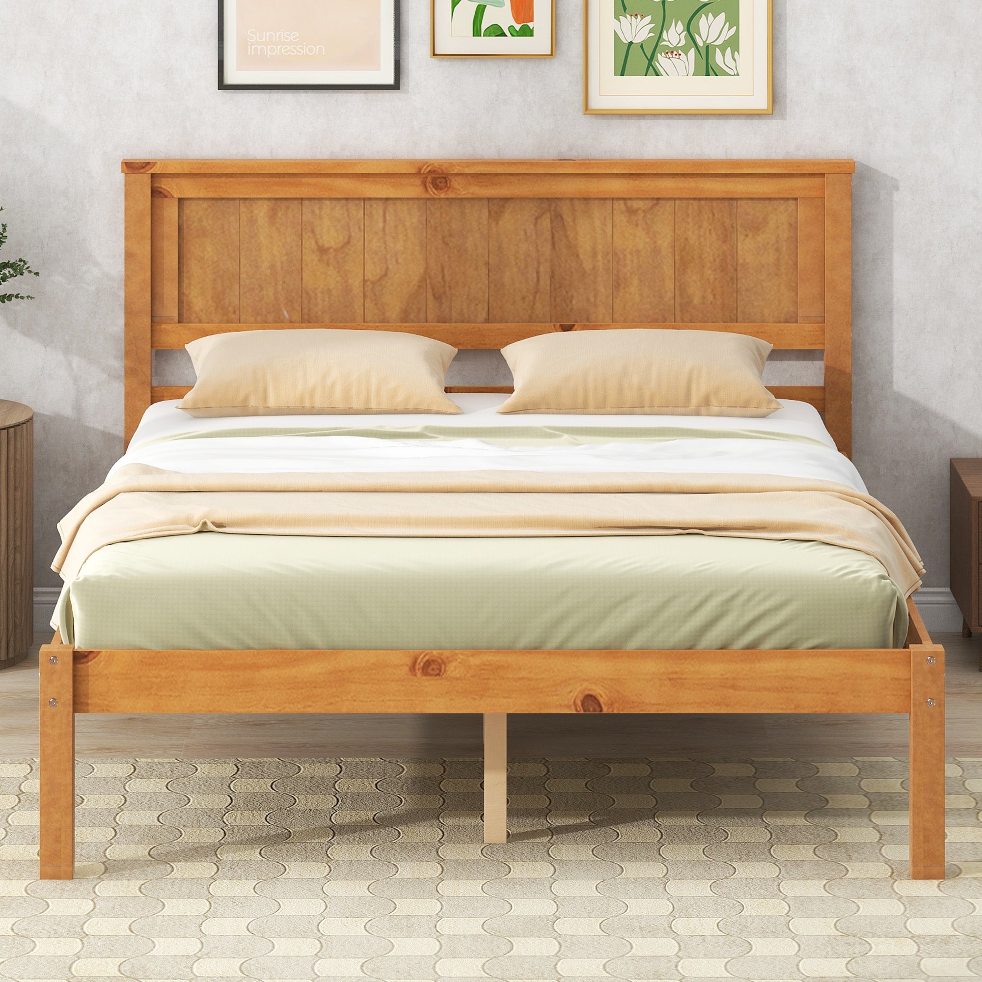 HAOYYE Platform Bed Frame with Headboard, Wood Slat Support, No Box Spring Needed, Full, Oak Sturdy Space-Saving Heavy Duty Modern Design Adults Dorm Room Easy Assembly Bedroom Furniture