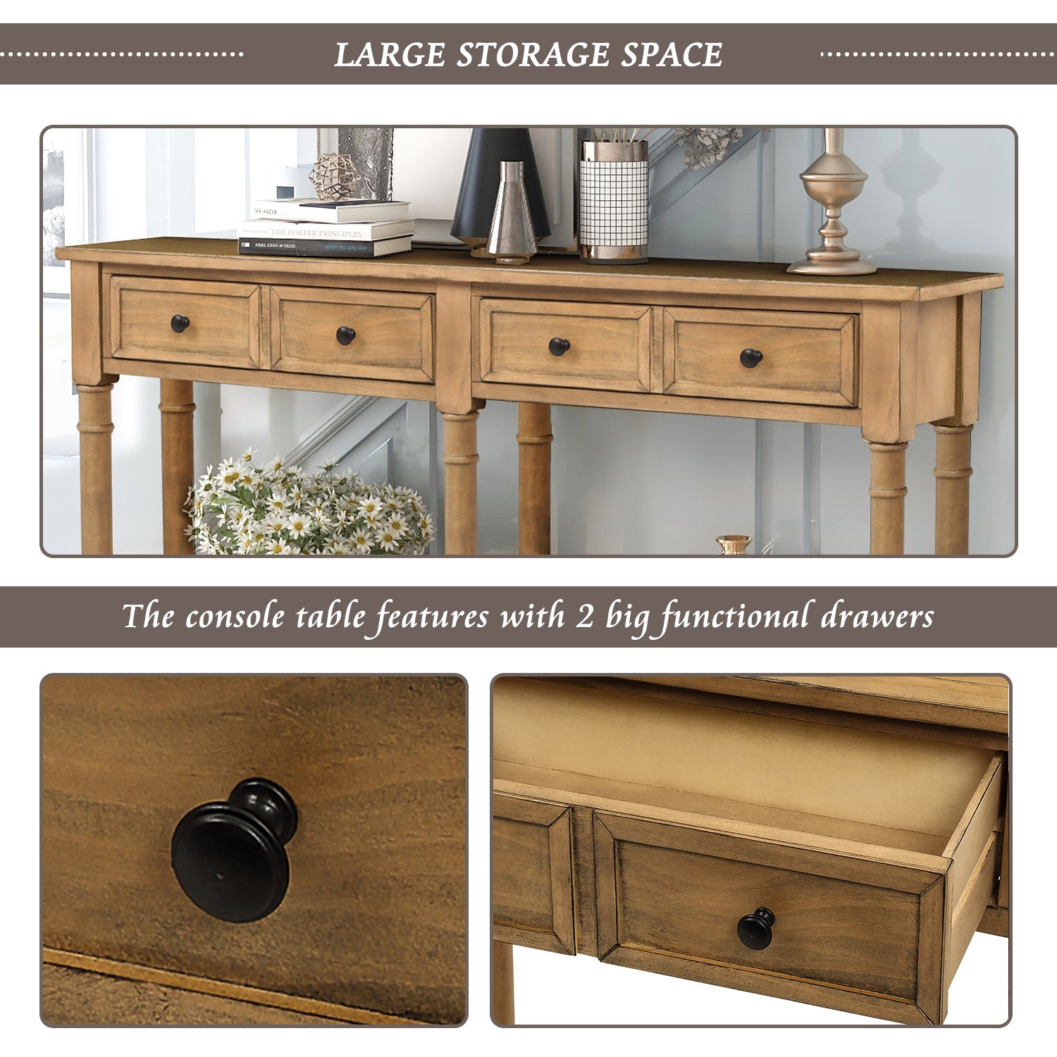 HAOYYE Console Table, Sofa Table with Two Storage Drawers and Bottom Shelf for Living Room or Entryway, Old Pine, Sturdy Space-Saving Design, Heavy Duty Construction, Easy Assembly, Durable and Stylish Home Furniture