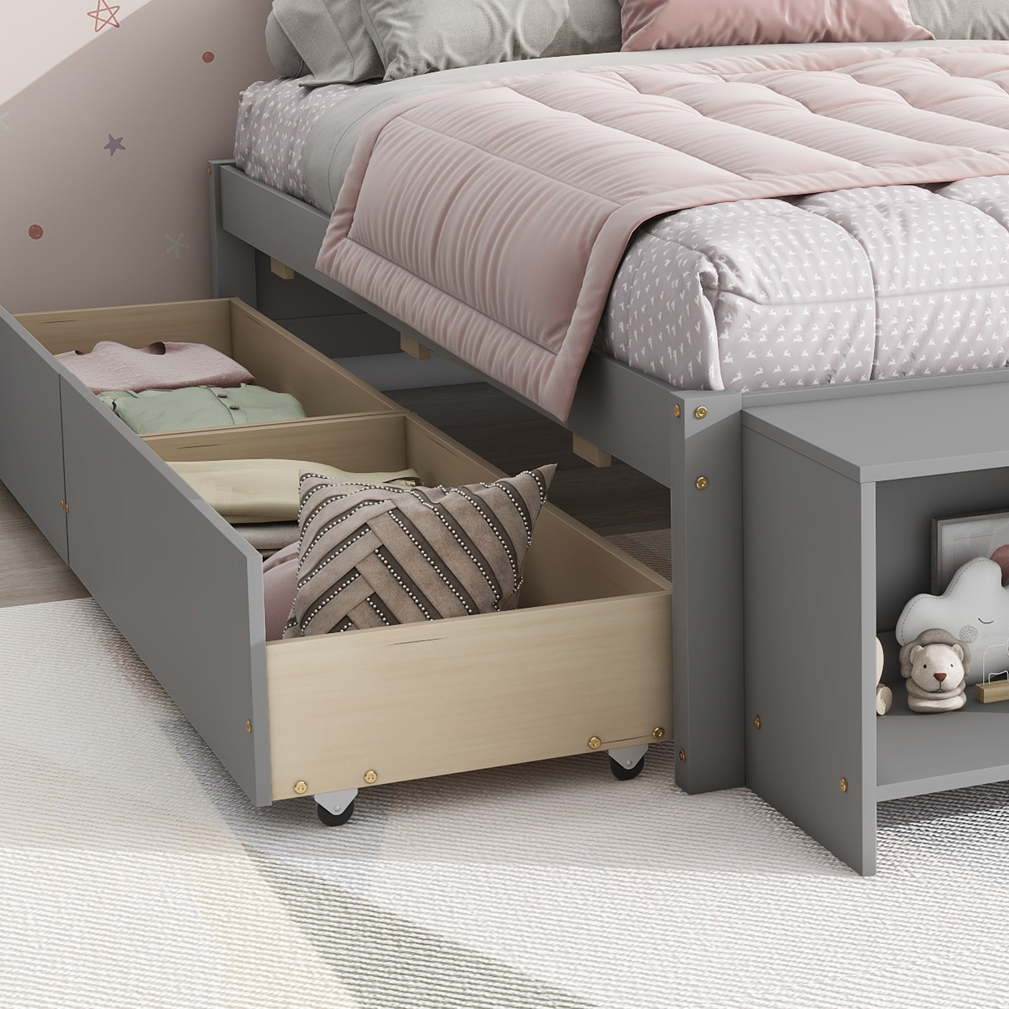 HAOYYE Full Size Bed with Storage Case, 2 Storage Drawers, Lengthwise Support Slat, Grey Heavy Duty Sturdy Bed Frame, Space-Saving Modern Design, Easy Assembly, Durable Stylish Home Furniture, Versatile Bedroom Storage Solution.