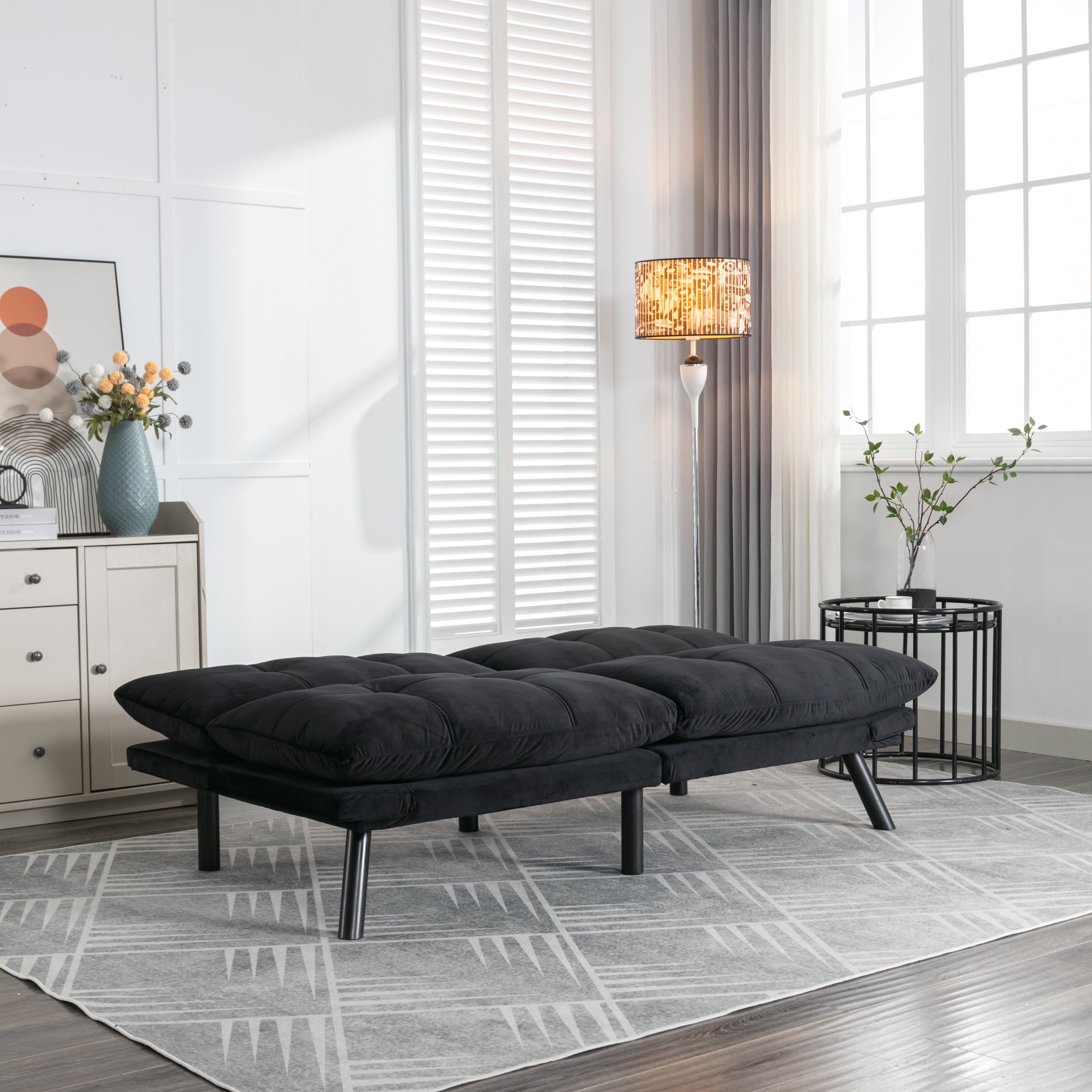 HAOYYE Black Convertible Folding Modern Sofa Bed, Sturdy Space-Saving Heavy Duty Design for Adults Dorm Room Easy Assembly Bedroom Furniture