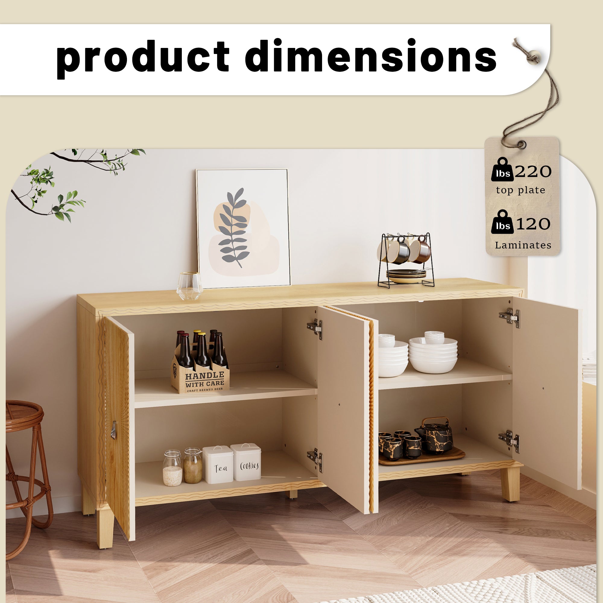 HAOYYE Vintage Storage Cabinet with Carved Scatter Pattern, 4 Door Dining Sideboard and Adjustable Shelves, Versatile Buffet and Accent Cabinet for Living Room, Kitchen, and Hallway, Sturdy and Space-Saving Design in Natural Finish