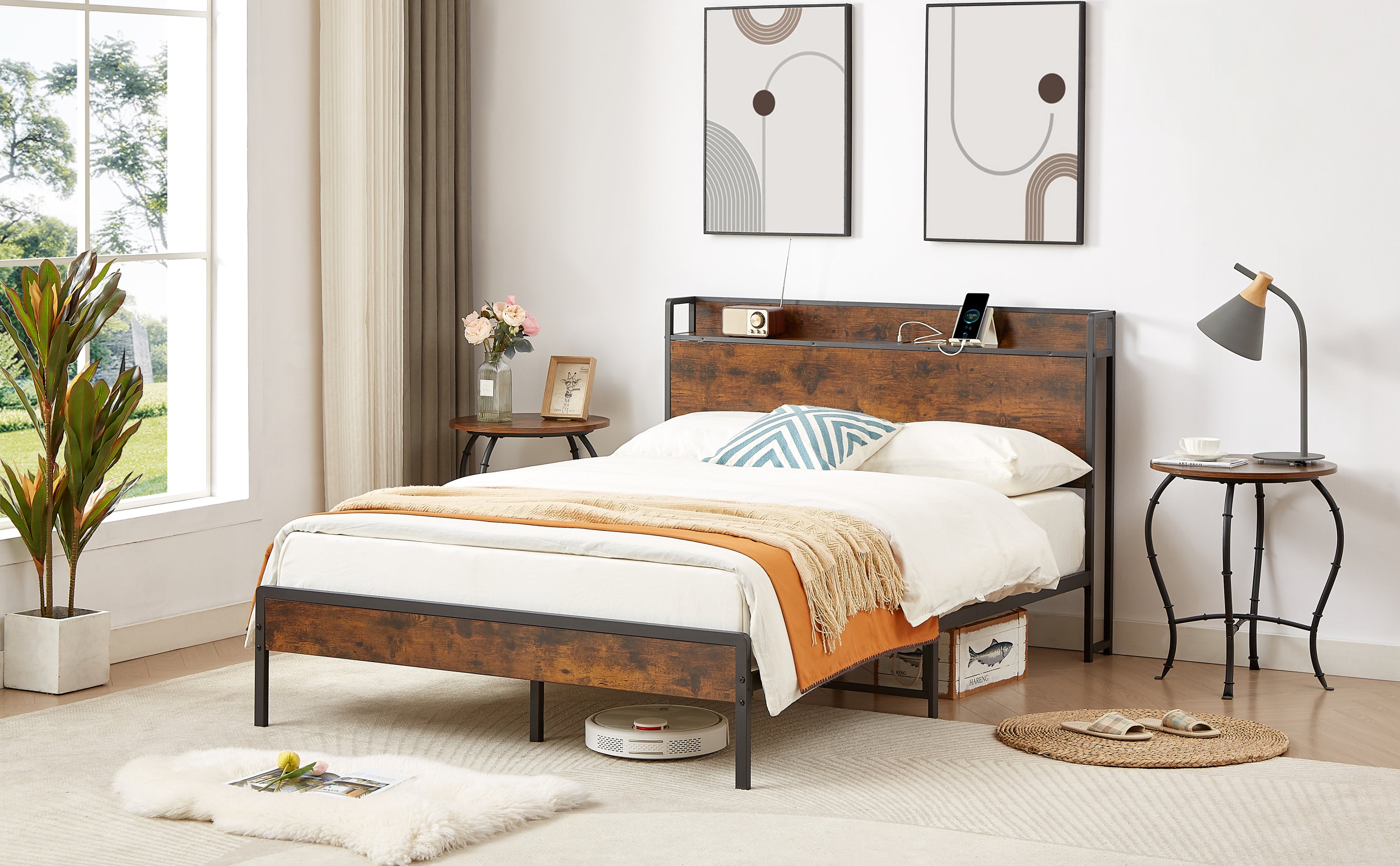 HAOYYE Bed frame with charging station full size, Rustic Brown, 83.1'' L x 56.1'' W x 39'' H Sturdy Space-Saving Heavy Duty Modern Design Adults Dorm Room Easy Assembly Bedroom Furniture