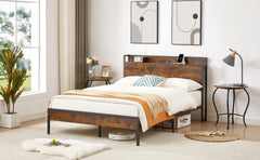 HAOYYE Bed frame with charging station full size, Rustic Brown, 83.1'' L x 56.1'' W x 39'' H Sturdy Space-Saving Heavy Duty Modern Design Adults Dorm Room Easy Assembly Bedroom Furniture