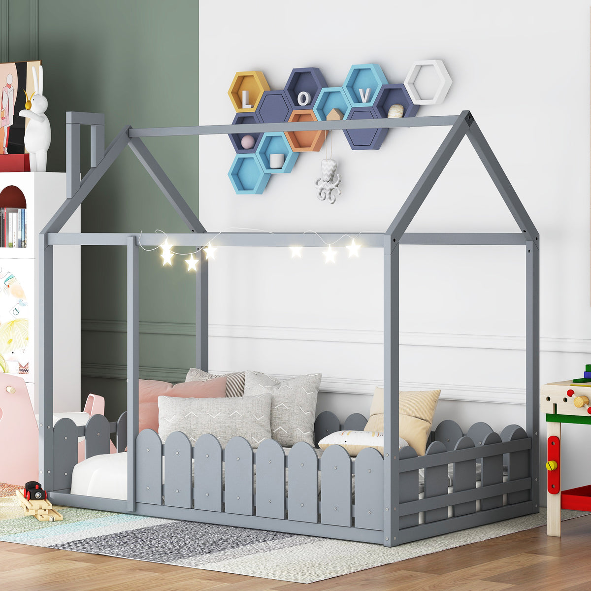 HAOYYE Twin Size Wood Bed House Bed Frame with Fence,for ,Teens, Girls,Boys {Gray}{OLD SKU:WF194274AAE} Sturdy Space-Saving Heavy Duty Modern Design Adults Dorm Room Easy Assembly