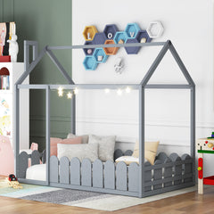 HAOYYE Twin Size Wood Bed House Bed Frame with Fence,for ,Teens, Girls,Boys {Gray}{OLD SKU:WF194274AAE} Sturdy Space-Saving Heavy Duty Modern Design Adults Dorm Room Easy Assembly