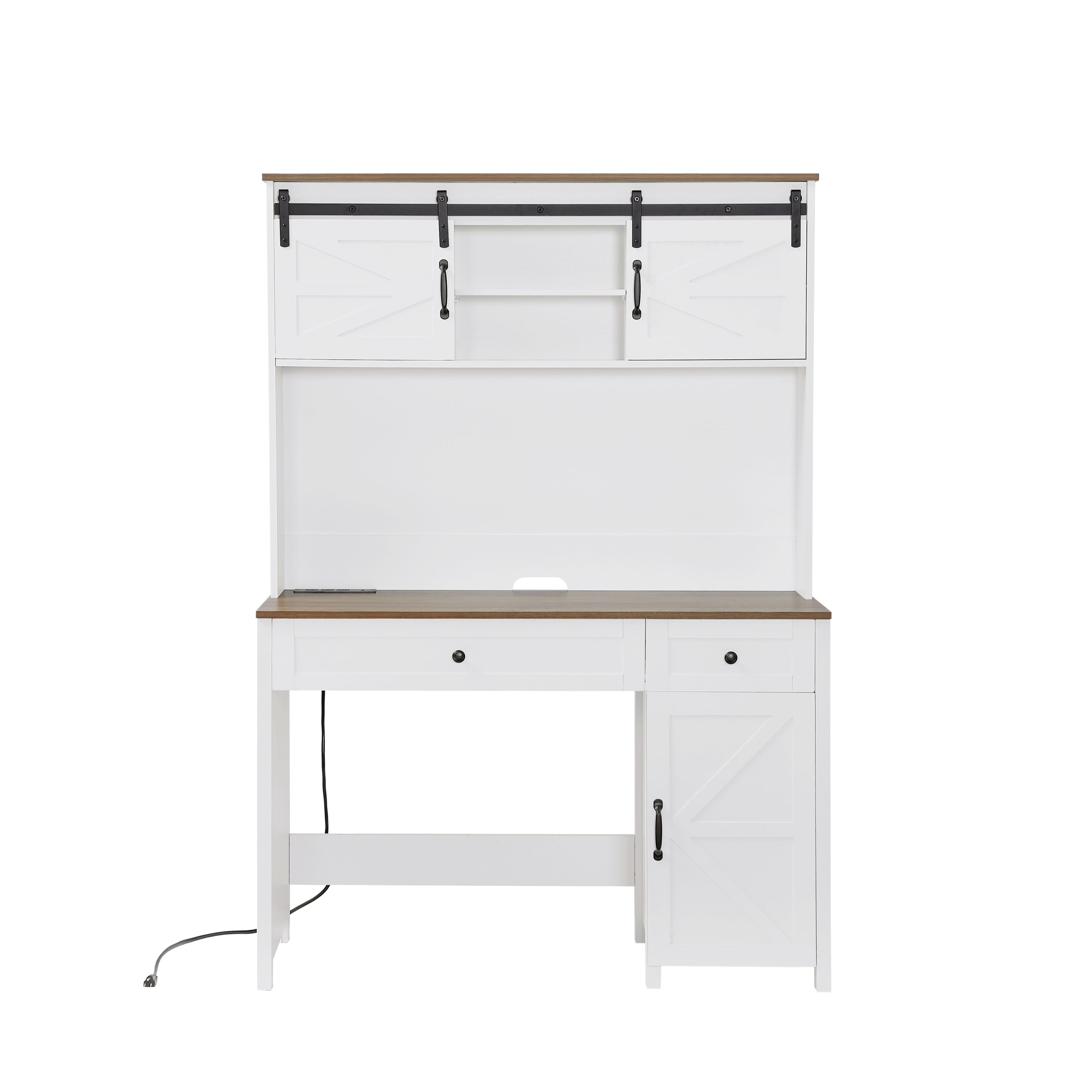 HAOYYE Farmhouse Executive Desk With Drawers, Rustic Home Office Desk With Charging Station, File Drawer, Storage Cabinet, Sturdy Space-Saving Heavy Duty Computer Writing Desk (Antique White)