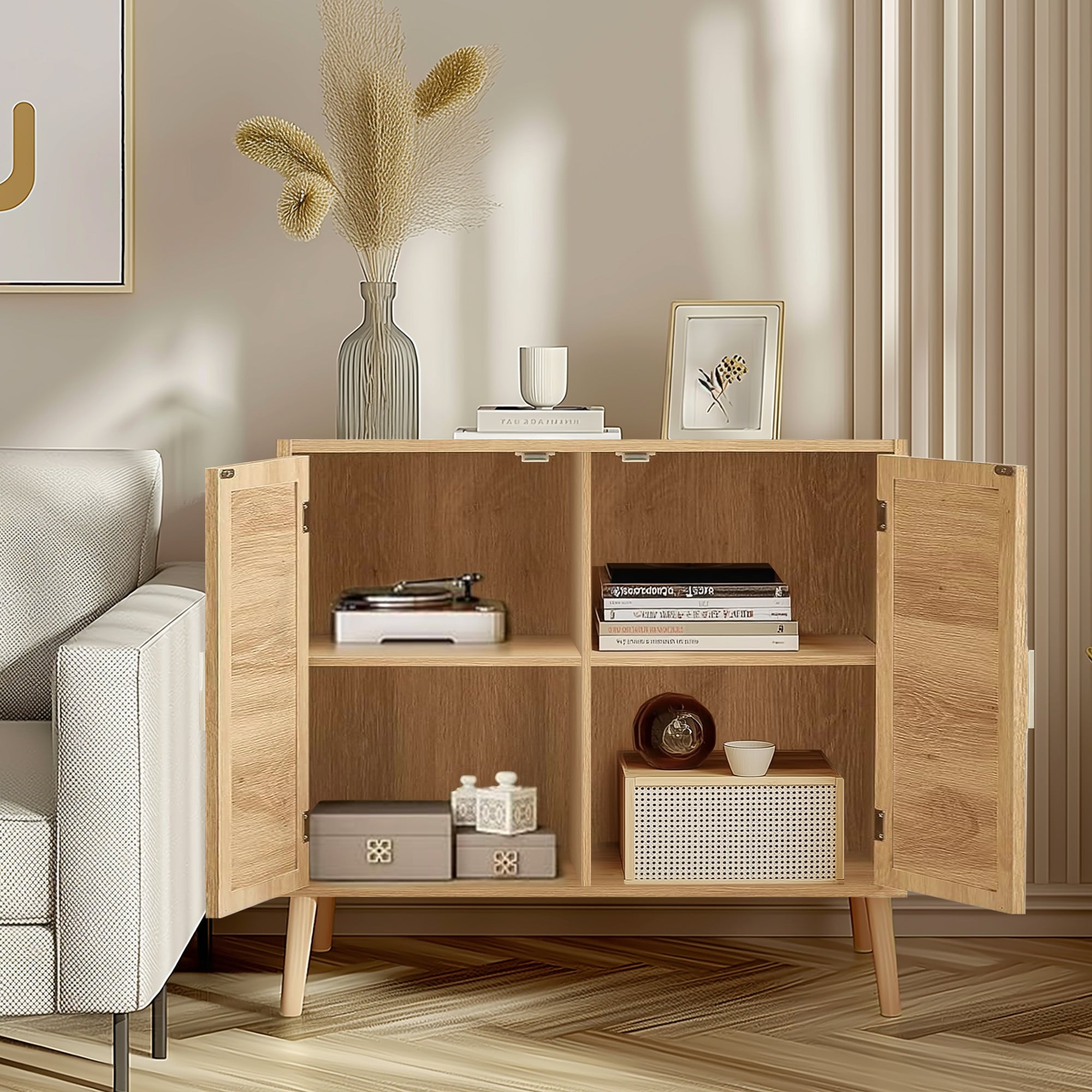 HAOYYE Buffet Cabinet with Storage, Accent Bathroom Floor Cabinet with Two Doors and Four Compartments, Solid Wood Feet, Modern Sideboard for Hallway, Entry, Living Room