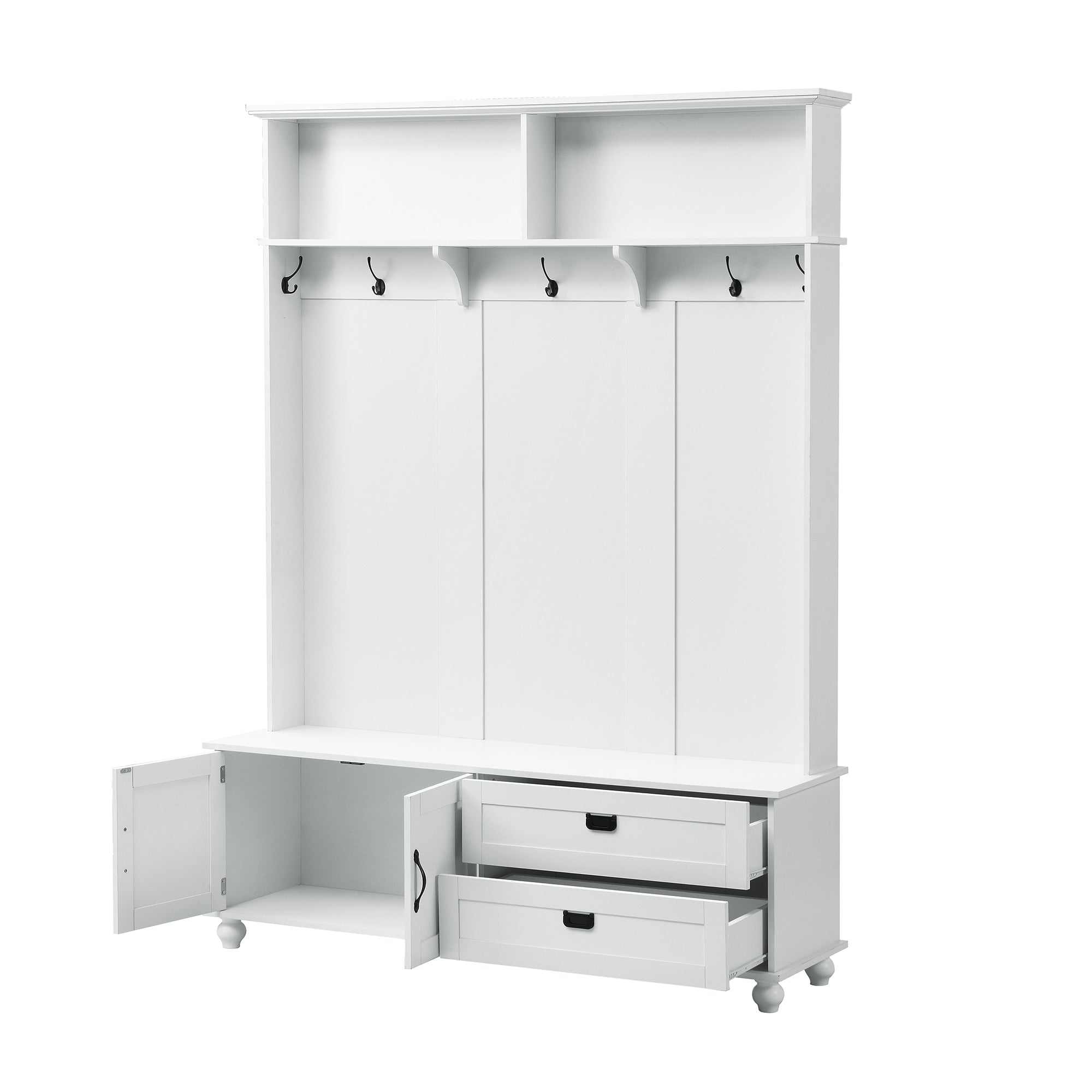 HAOYYE Modern White Hall Tree with Storage Cabinet, 2 Large Drawers, and 5 Coat Hooks, Sturdy Space-Saving Mudroom Bench, Heavy Duty Design for Adults