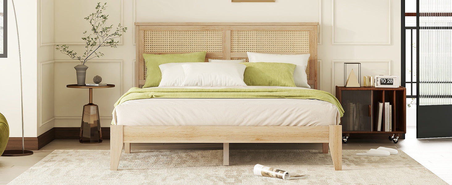 HAOYYE Queen Size Rubber Wooden, Solid Wooden Bed with Rattan Headboard, Enhanced by Support Feet,Oak White Sturdy Space-Saving Heavy Duty Modern Design Adults Dorm Room Easy Assembly Bedroom Furniture