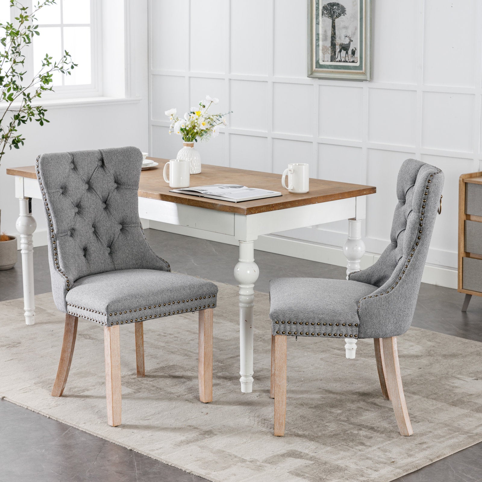 HAOYYE Nikki Collection Modern, High-end Tufted Solid Wood Contemporary Flax Upholstered Linen Dining Chair with Wood Legs Nailhead Trim 2-Pcs Set,Gray, SW6801GY Sturdy Space-Saving Heavy Duty Modern Design