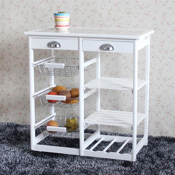 HAOYYE Rolling Kitchen Island Cart with Drawers, Baskets & Shelves, White Wooden Serving Cart with Stainless Steel Handles, Mobile Kitchen Storage Organizer for Dining Room, Durable Modern Kitchen Trolley with Wine Rack, Easy-Access Storage Space
