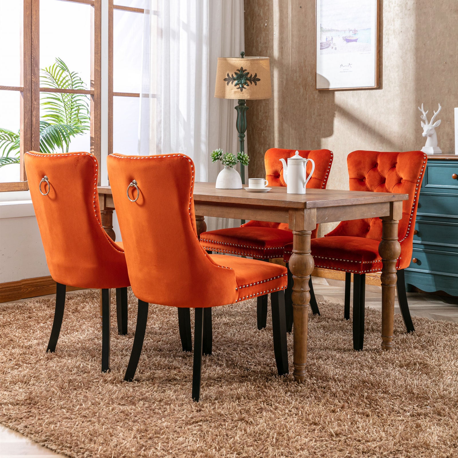 HAOYYE High-end Tufted Solid Wood Contemporary Velvet Upholstered Dining Chair with Wood Legs Nailhead Trim 2-Pcs Set, Orange, SW2001OG Sturdy Space-Saving Heavy Duty Modern Design