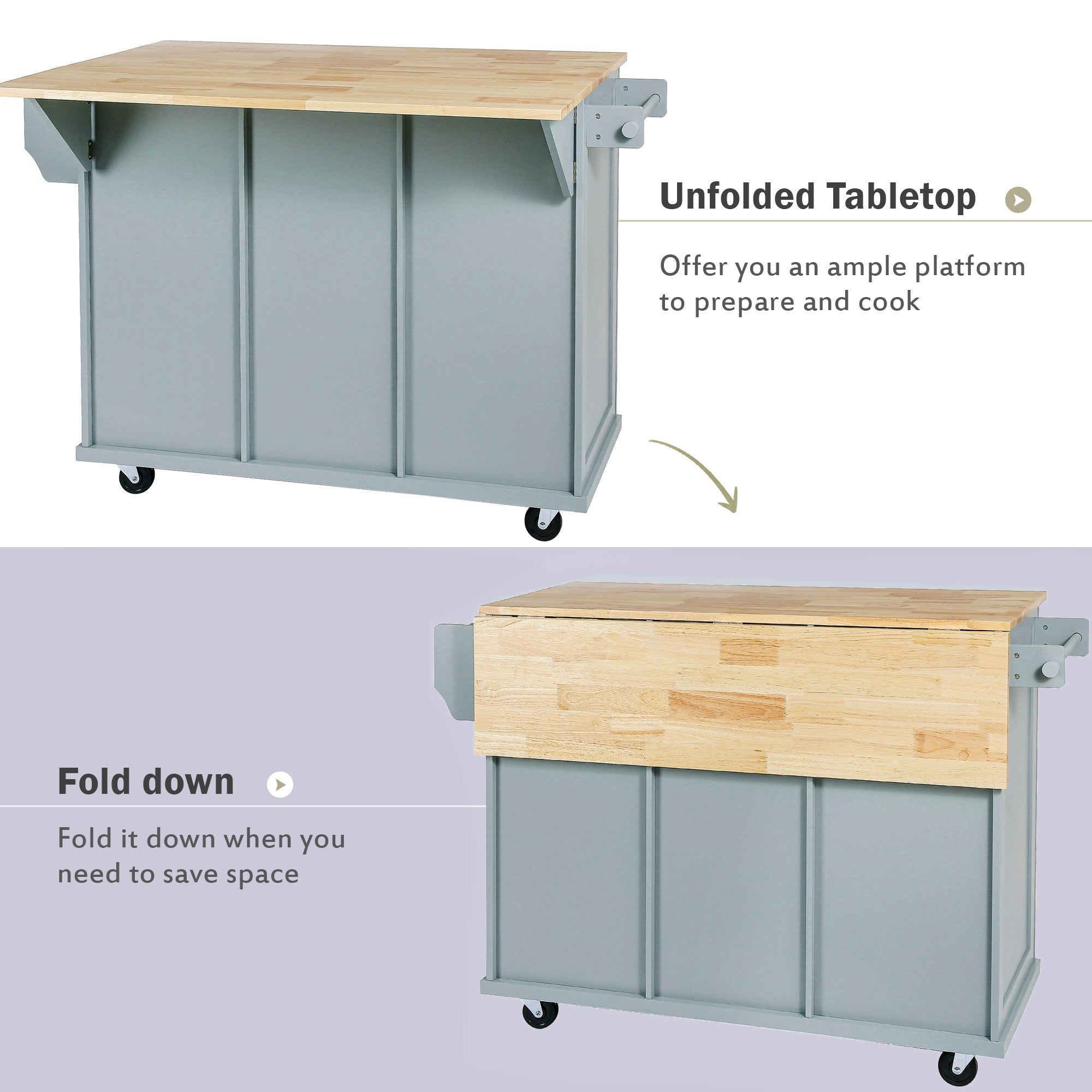 HAOYYE Kitchen Cart with Rubberwood Drop-Leaf Countertop, Cabinet Door Internal Storage Racks, Kitchen Island on 5 Wheels with Storage Cabinet and 3 Drawers for Dining Room, Grey Blue, Sturdy Space-Saving Design, Durable Home Furniture