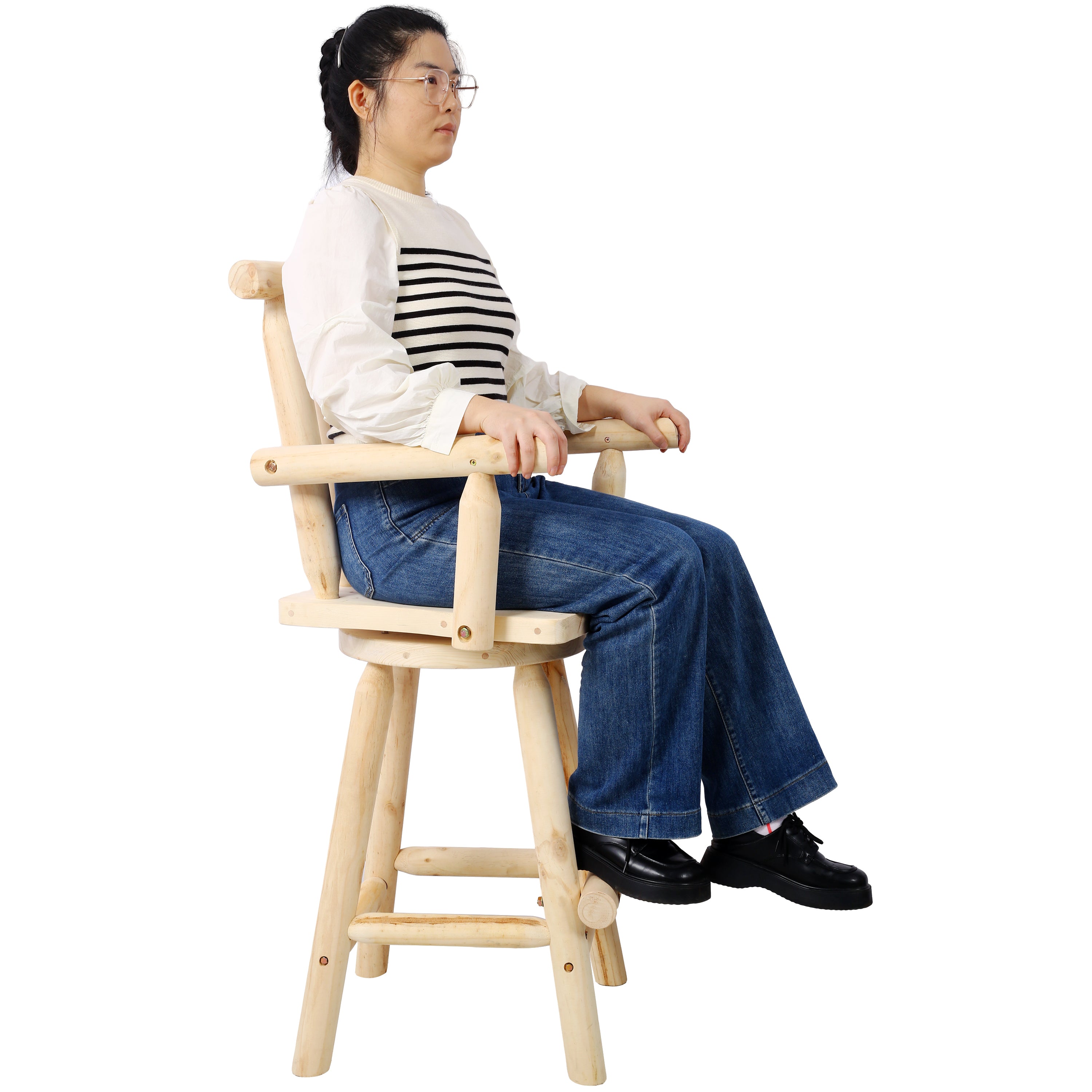 HAOYYE Rustic Bar Stool - Fir Wood Construction, Chair with Footrest,Wide Armrest, Rustic Kitchen Stool, Tall Bistro Chair for Dining Room, Restaurant, Pub, 4-Foot,Light brown color Sturdy Space-Saving