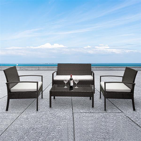 HAOYYE 4 Piece Outdoor Patio Rattan Sofa Set with 2 Arm Chairs, 1 Loveseat and Tempered Glass Coffee Table, Brown Gradient Wicker Furniture with Cushions for Garden Balcony Backyard Deck