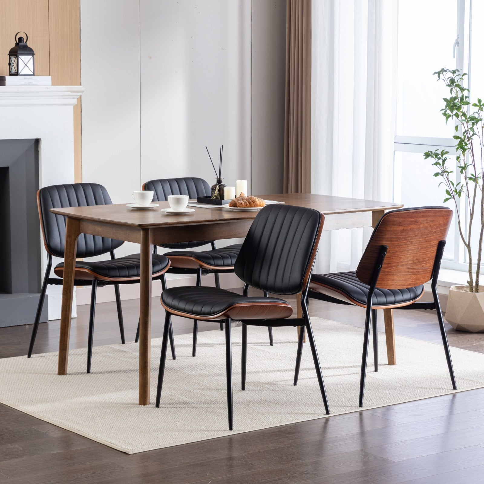 HAOYYE Dining Chairs Set of 2 Mid Century Modern Retro Faux Leather Chair with Walnut Bentwood Back Upholstered Seat Metal Legs Adjustable Foot for Kitchen Dining Room Chairs(Black PU) Sturdy