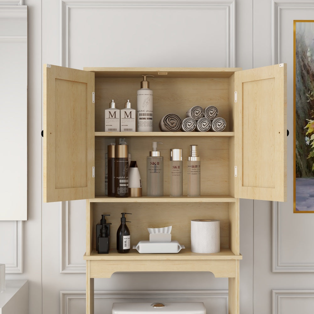 HAOYYE Over The Toilet Storage Cabinet With Adjustable Shelves And Open Storage Shelf, Bathroom Organizer With Two Rattan Doors, Natural Wood Finish, Space-Saving Bathroom Storage Solution For Towels, Toiletries, And More