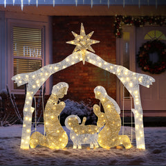HAOYYE Silver Roof Nativity Scene Garden Jesus Decoration with 190 LED Lights, Durable Outdoor Holiday Christmas Display for Yard Lawn Porch Front Entrance, Easy Setup and Reusable