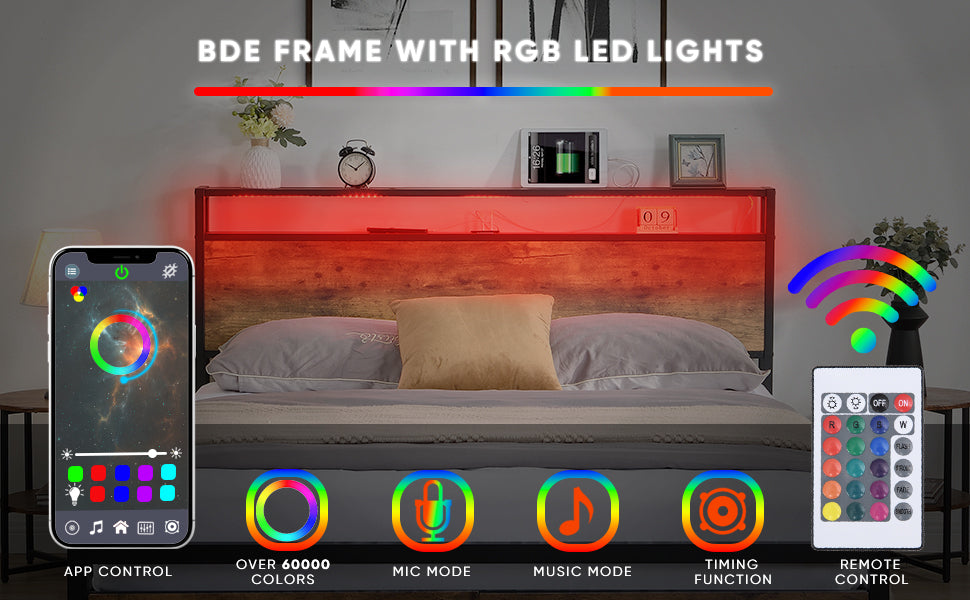 HAOYYE Full Size Bed Frame with Storage Headboard and 2 Drawers, LED Lights Bed with Charging Station, Metal Platform Bed No Noise, Mattress Foundation Strong Metal Slats Support No Box Spring Needed Sturdy