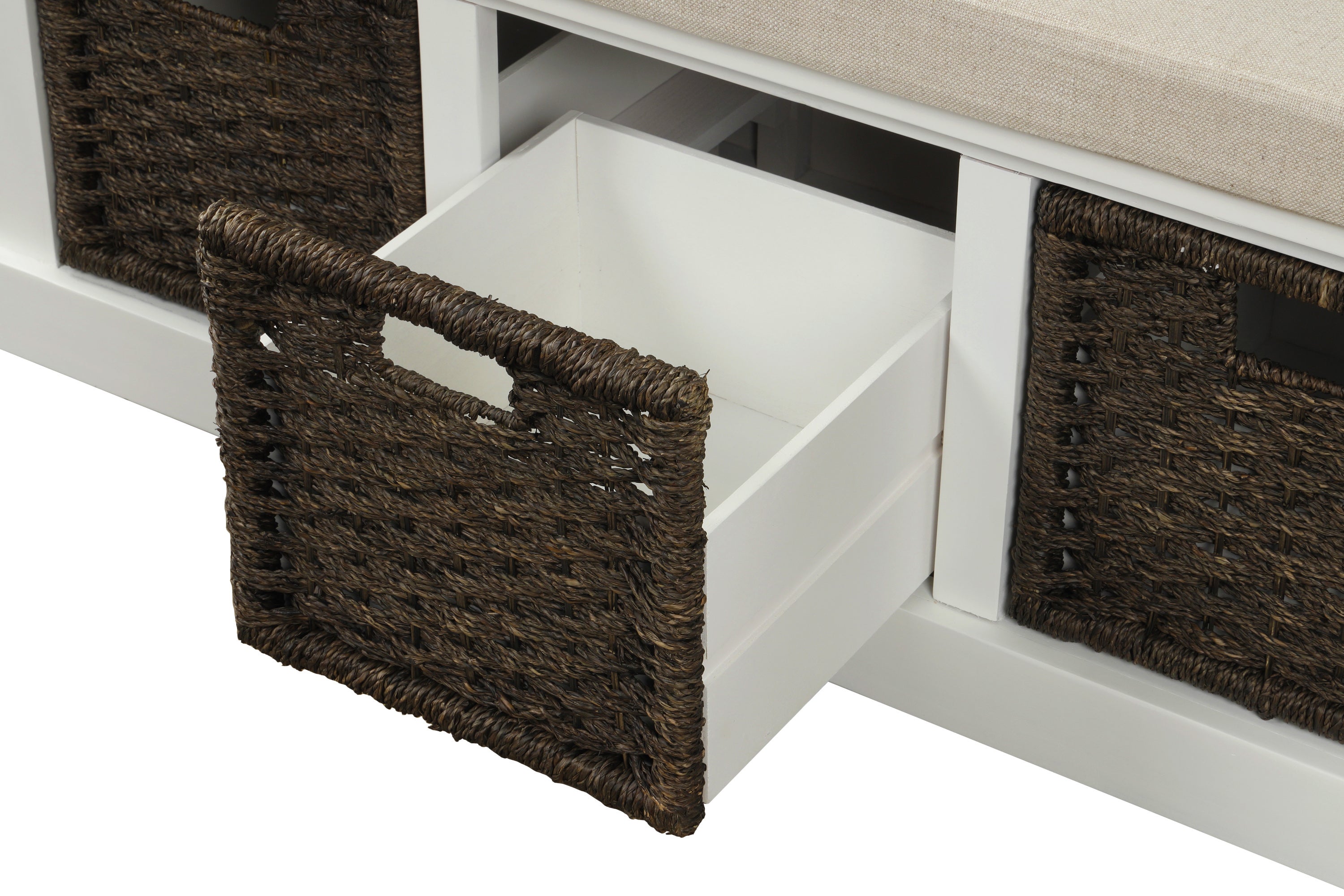 HAOYYE Rustic Storage Bench with 3 Removable Classic Rattan Basket , Entryway Bench Storage Bench with Removable Cushion (White) Sturdy Space-Saving Heavy Duty Modern Design Easy Assembly Durable