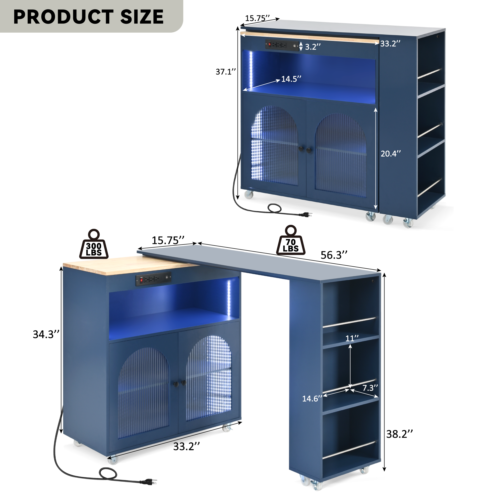 HAOYYE Navy Rolling Kitchen Island With Extended Table, LED Lights, Power Outlets, Fluted Glass Doors, Storage Compartment, and Open Shelves, Sturdy Space-Saving Design, Easy Assembly