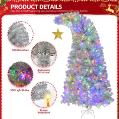 HAOYYE Silver Bent Top Pre-lit Christmas Tree with 900 Branch Tips and 300 LED Lights, Hinged Artificial Xmas Tree with Golden Star, Remote Control, Customizable 4-Color Lighting, Ideal for Home Office Store Party Holiday Decoration