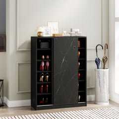HAOYYE Marble black shoe cabient with sliding door have 6 layers can storage at least30 pairs shoes Sturdy Space-Saving Heavy Duty Modern Design Adults Dorm Room Easy Assembly Bedroom Furniture