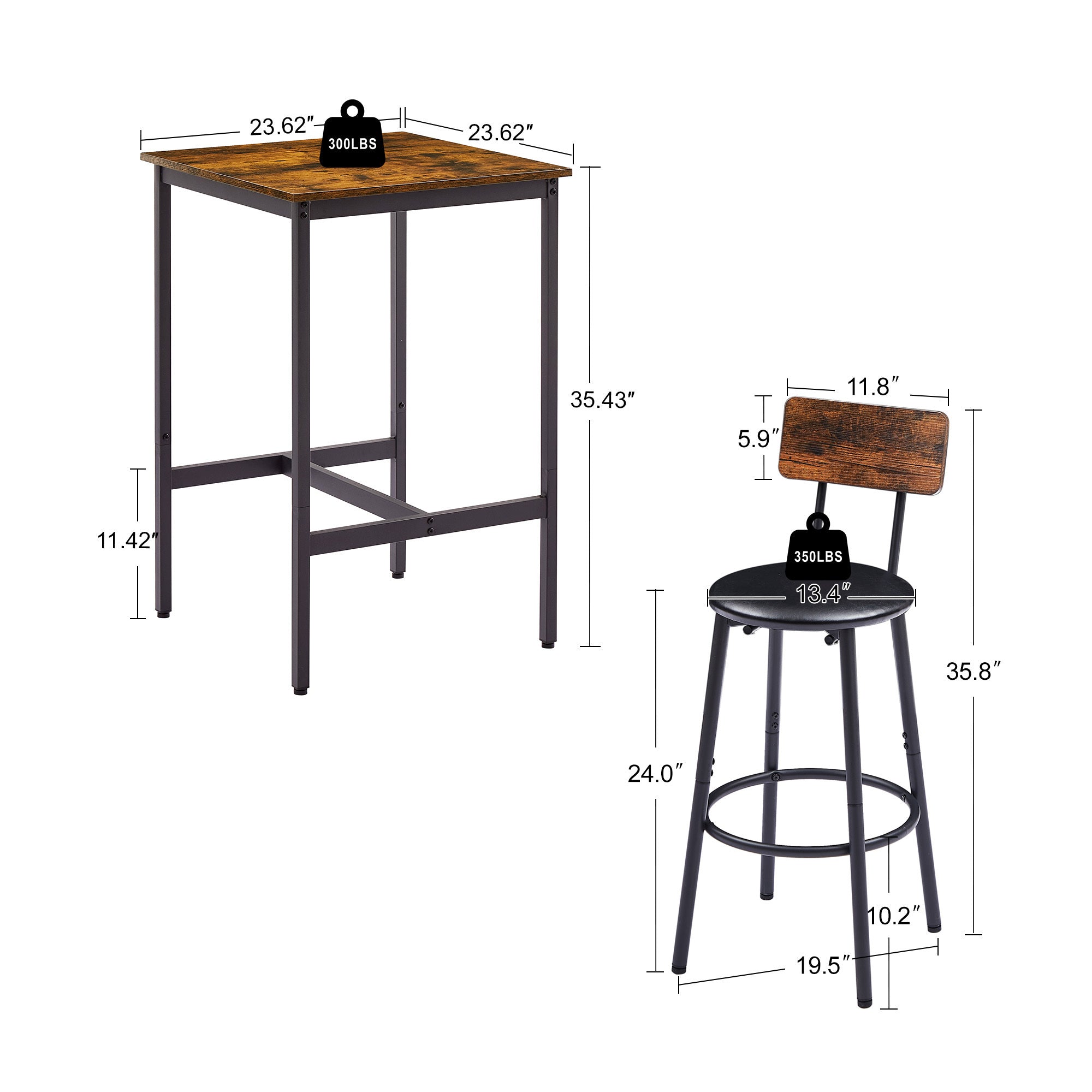 HAOYYE Bar Table Set with 2 Bar stools PU Soft seat with backrest, Rustic Brown, 23.62'' W x 23.62'' D x 35.43'' H Sturdy Space-Saving Heavy Duty Modern Design Adults Dorm Room Easy Assembly