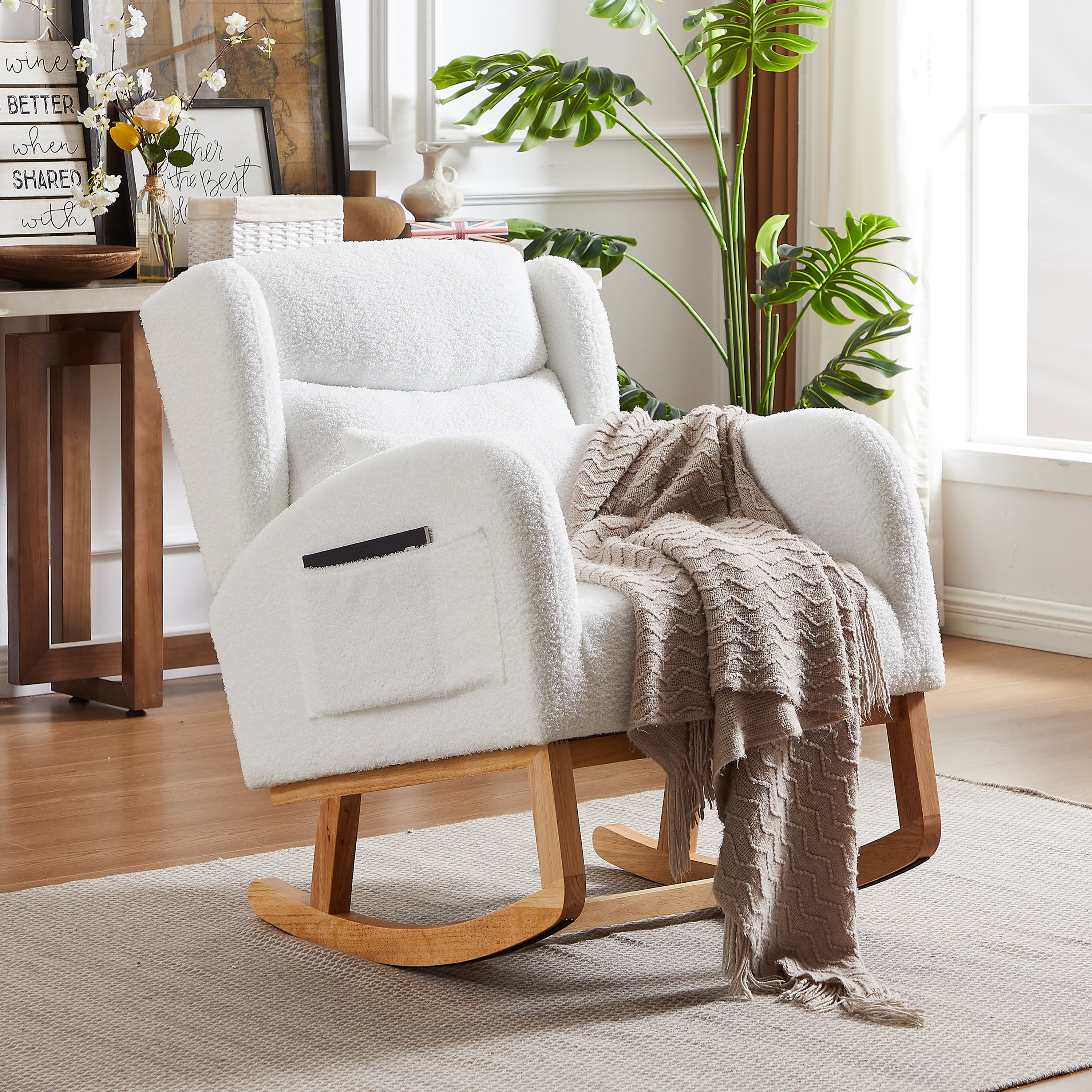HAOYYE 27.2"W Modern Accent High Backrest Living Room Lounge Arm Rocking Chair, Two Side Pocket Sturdy Space-Saving Heavy Duty Modern Design Adults Dorm Room Easy Assembly Bedroom Furniture
