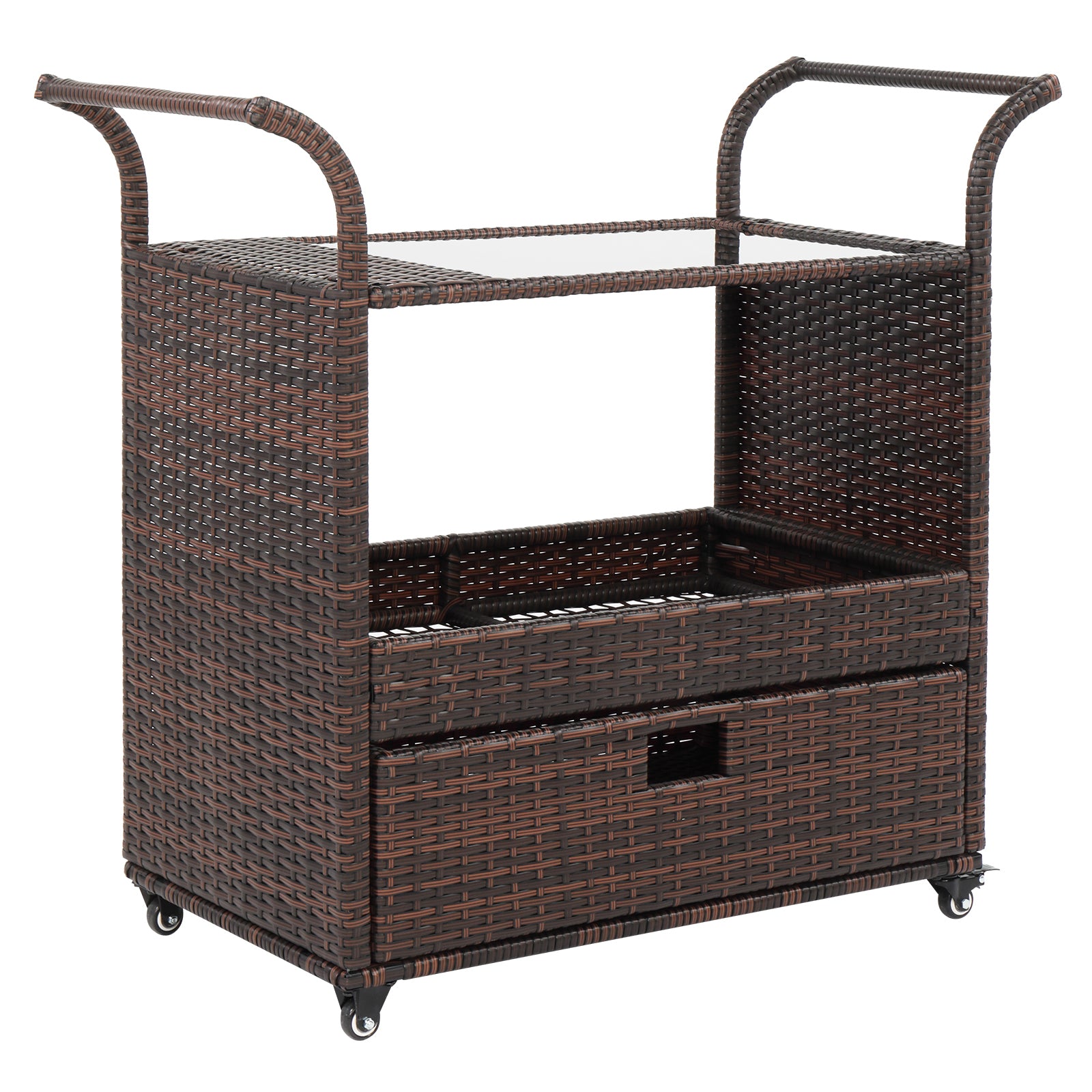 HAOYYE Outdoor Wicker Rattan Bar Cart on Wheels Brown Gradient Rolling Serving Sideboard with Storage for Patio Garden Balcony Party Beverage Station Portable Outdoor Furniture