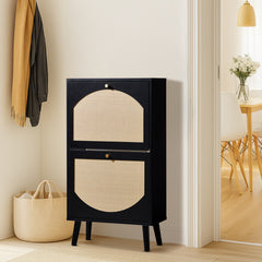 HAOYYE 2-Door Flip-Down Shoe Cabinet with High-Leg Arched Rattan Fronts, Durable Particle Board and Plastic Rattan Construction, Black Frame with Natural Wood Rattan Surface, Space-Saving Entryway Storage