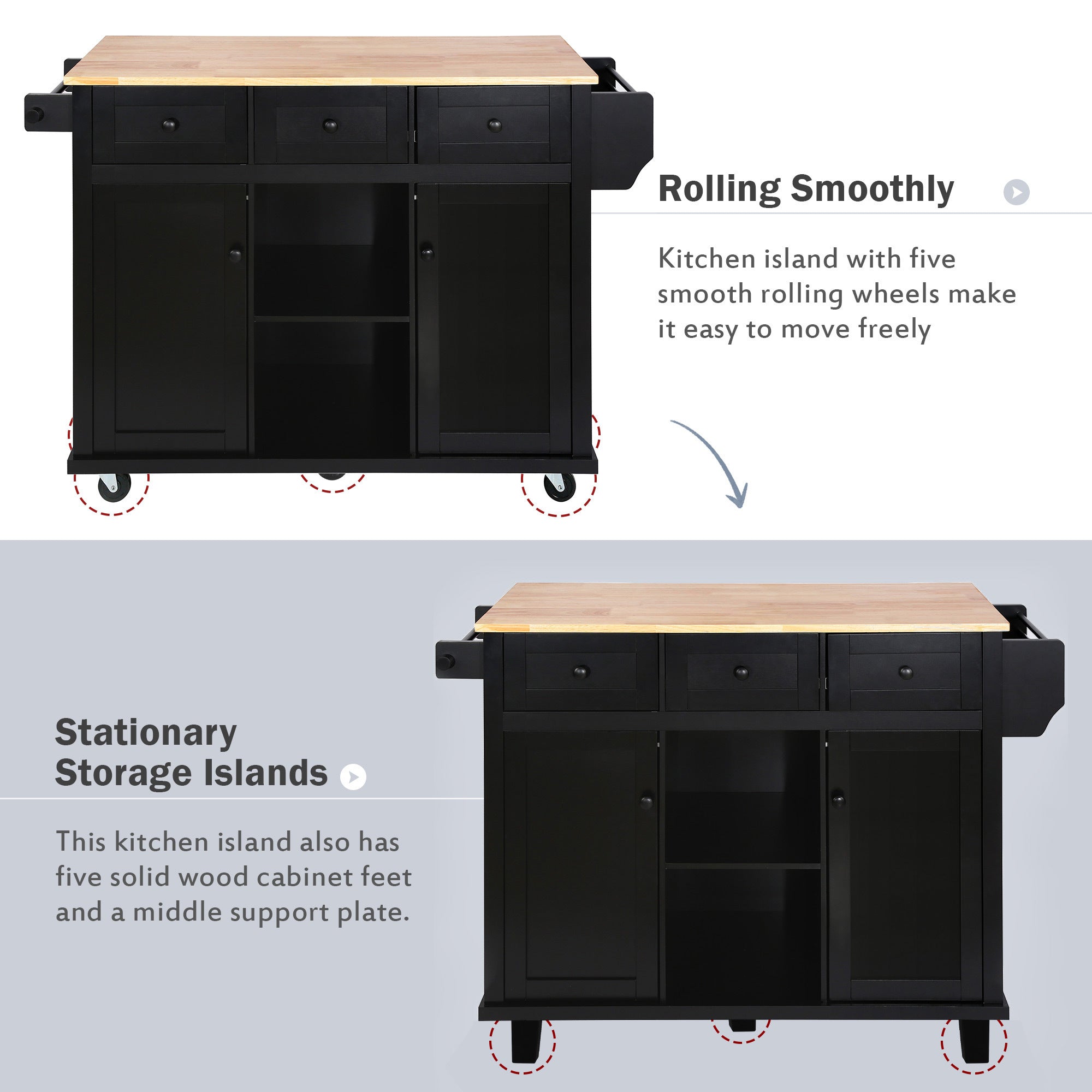 HAOYYE Kitchen Cart with Rubberwood Drop-Leaf Countertop, Internal Storage Racks, 5-Wheel Kitchen Island with Storage Cabinet and 3 Drawers, Black, Sturdy Space-Saving Design, Durable and Stylish Home Furniture