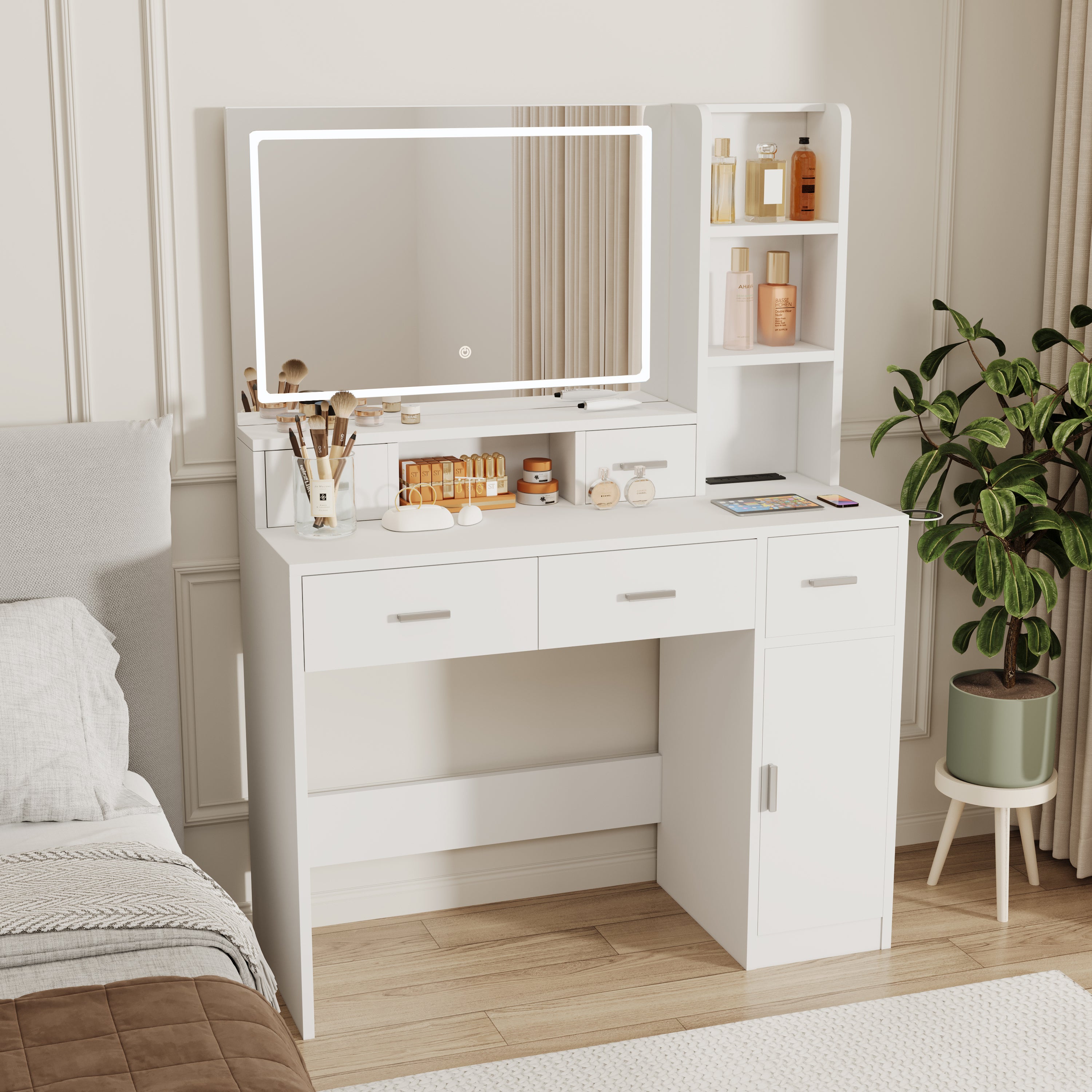 HAOYYE Smart Mirror Dressing Table with Drawers and Storage Cabinet, Modern Design Dressing Table with Soft Dressing Pad for Bedroom and Dressing Room, Sturdy Space-Saving Heavy Duty Construction, Ideal for Adults