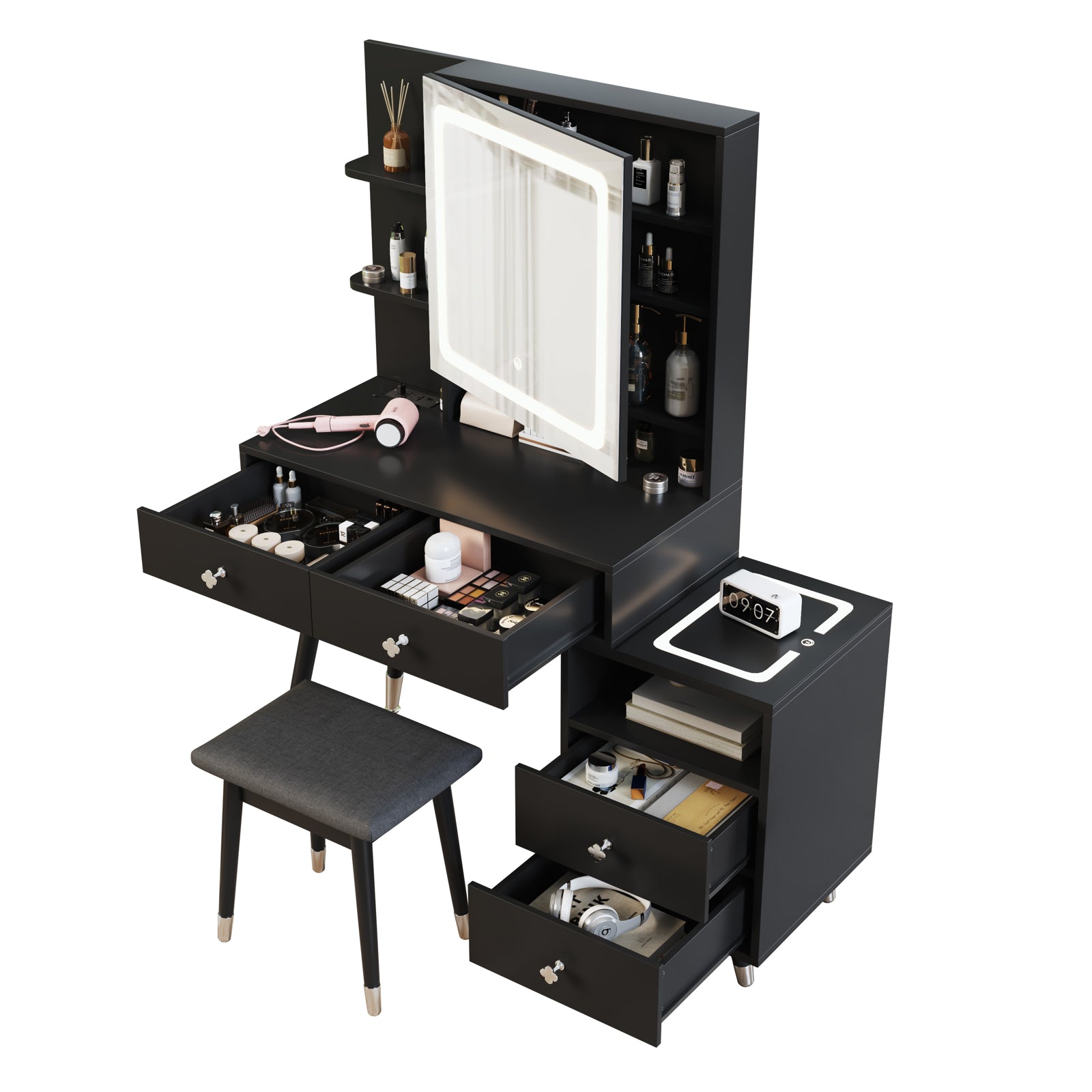 HAOYYE Vanity Dressing Table Set with LED Three-Tone Light Mirror, 4 Drawers, 2-Layer Shelf, Mirror Cabinet with Light Strips, Pitted Particle Board with Melamine Finish, Solid Wood Legs with Copper Sheath, Makeup Desk with Storage for Bedroom