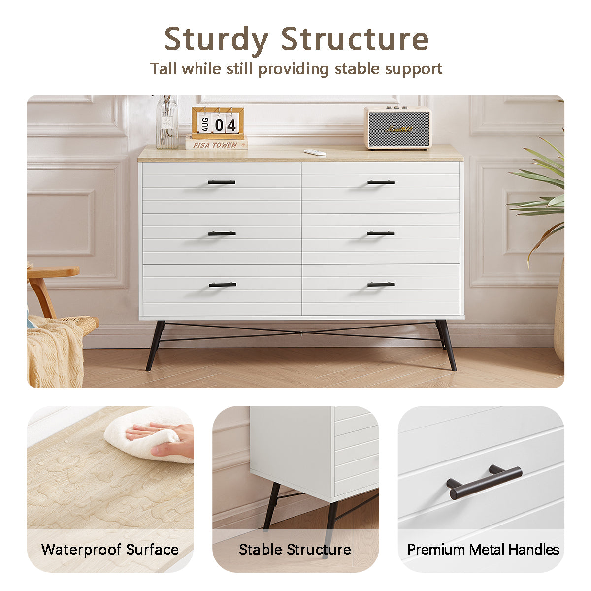 HAOYYE Modern 6-Drawer Dresser for Bedroom, Sturdy White & Oak Wood Chest of Drawers, Deep Storage for Living Room and Closet, Space-Saving Design